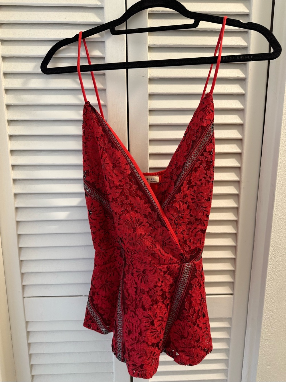 Monteau Red Lace Surplice Spaghetti Strap Peplum Style Tank Top